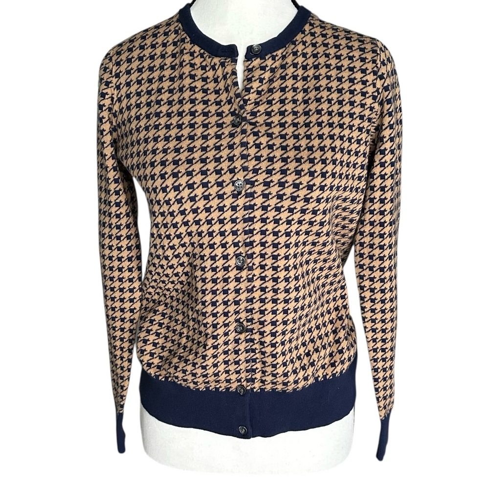 Lands' End 100% Supima Cotton Twee‎ Houndstooth Cardigan Sweater Blue & Tan XS
